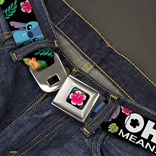 Disney Belt, Seatbelt Buckle Belt, Ohana Means Family Stitch Scrump Poses Tropical Flora Black, Adjustable2