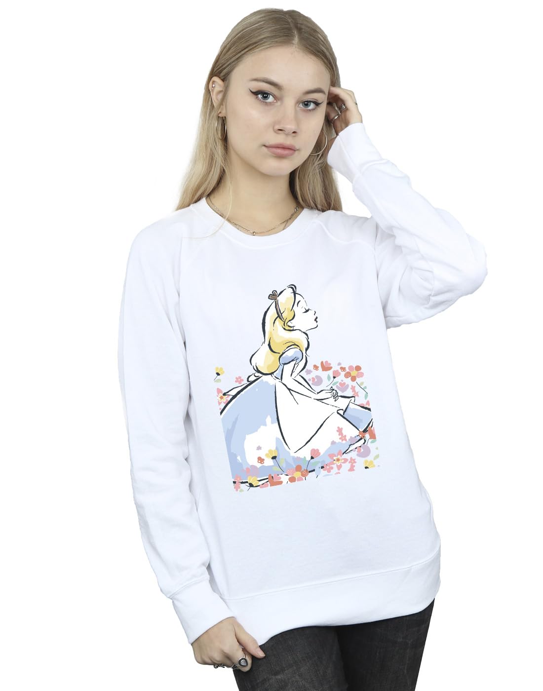 Absolute Cult Women's White Disney Alice In Wonderland Sketch Flowers Sweatshirt Large