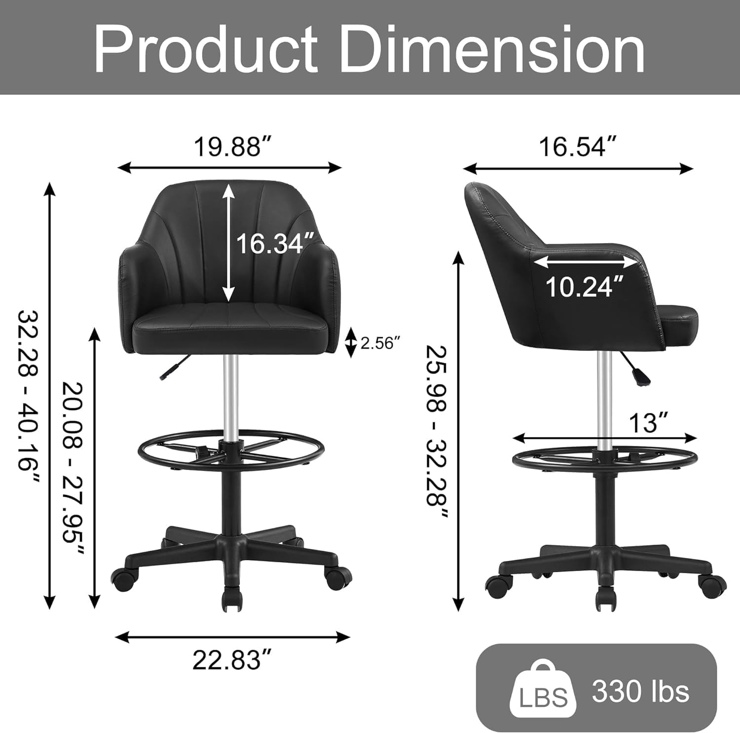 VECELO Home Office Desk Chair with Height Adjustable Seat and Footrest Ergonomic PU Standing Swivel Stool with Back and Arm
