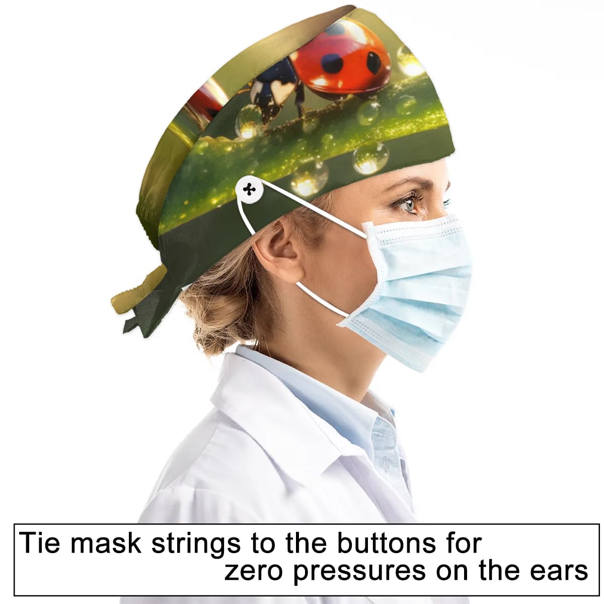 Mularoka Leaves Watercolor Ladybird Raindrops Working Caps with Button Sweatband Comfortable Adjustable Bouffant Hats Work Hat for Women Men