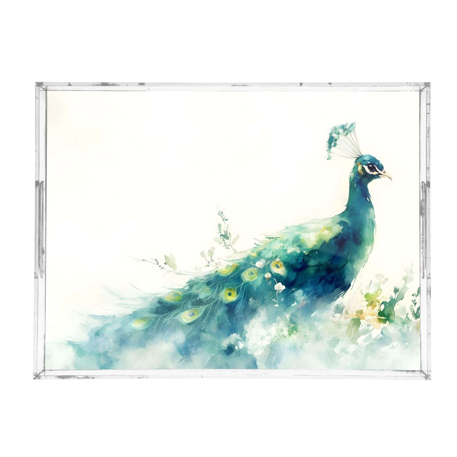 BOESI Watercolor Peacock Pattern Acrylic Decorative Dining Tray, Acrylic Decorative Tray Organizer with Handle for Kitchen, Dining Room, Bathroom, Dresser