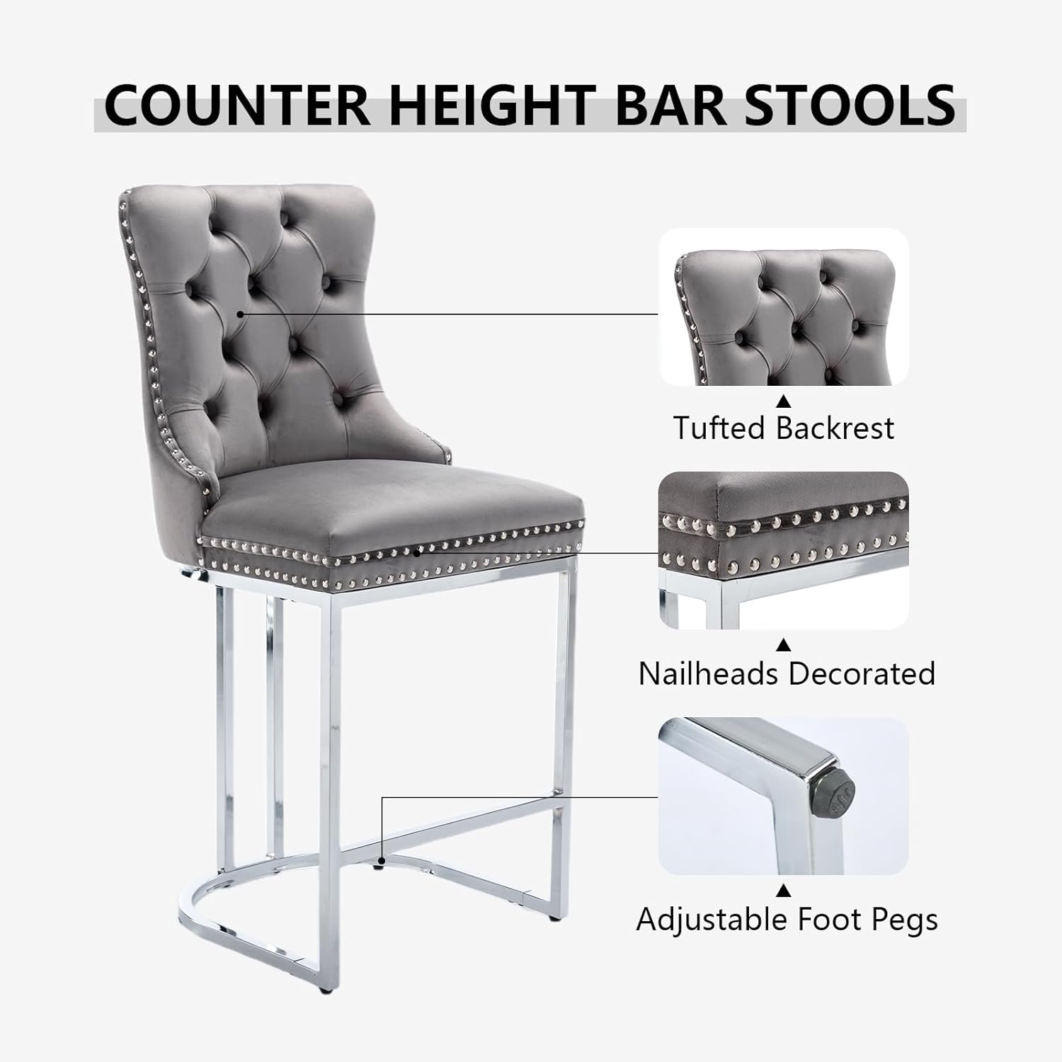 25" Counter Height Bar Stools Set of 4, Modern Velvet Barstools with Chrome Metal Legs and Tufted Back, Upholstered Island Chairs for Kitchen Island, Pub, Cafe, Grey
