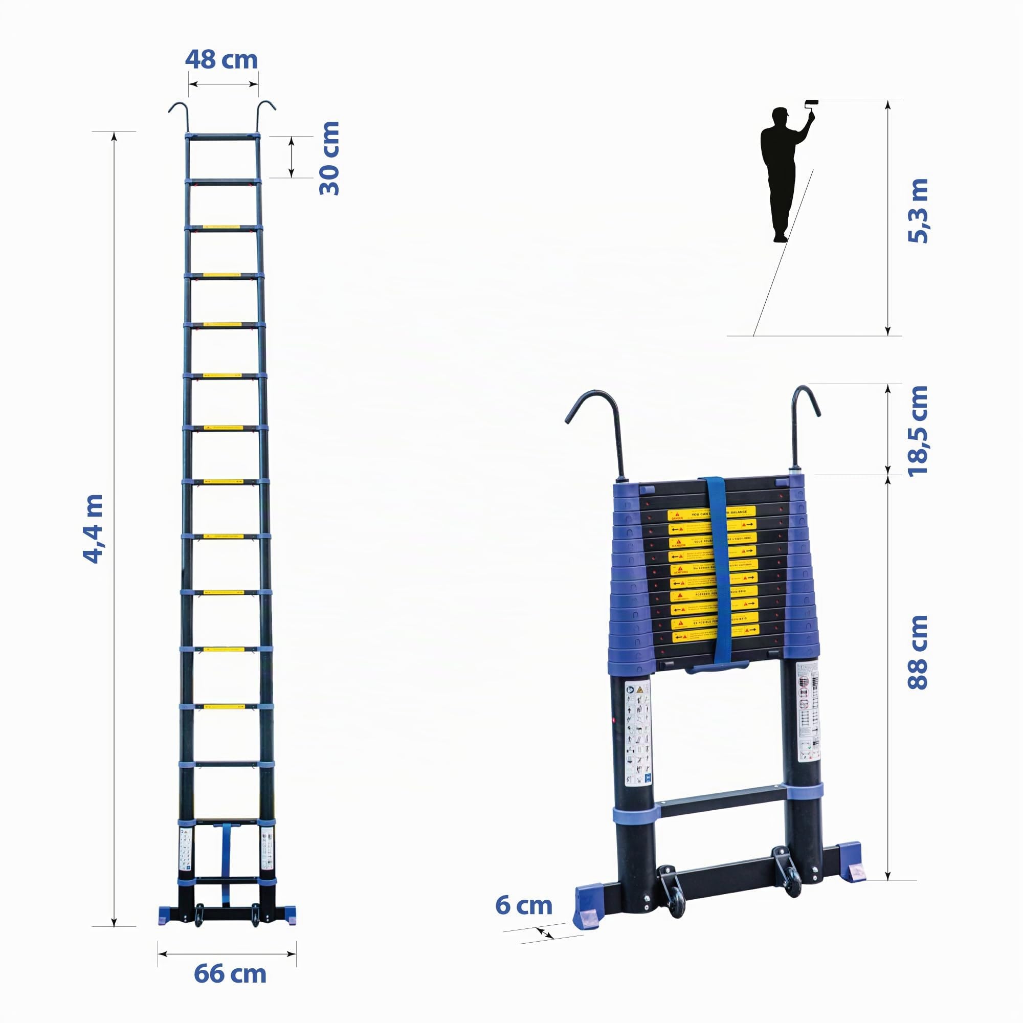 HOSTRÖM Echelle telescopique 4,4m, Aluminium, Pliable, Extensible, Multi-Fonction, H Travail Max 5,3m, Crochets Amovibles, Garantie 5ans