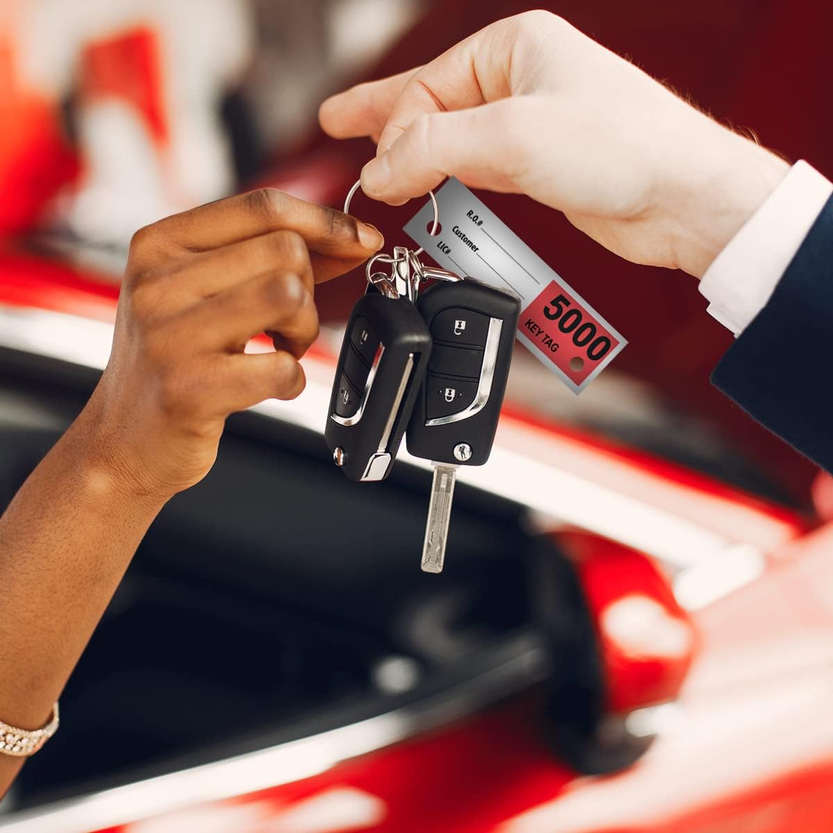 Versa-Tags 1000 Red Car Dealer Service Hang Tags Service Dispatch Numbers, Service Department Numbered Key Tags for Mechanic Repair Shop 3 Part Key Ring - Red (5000-5999)