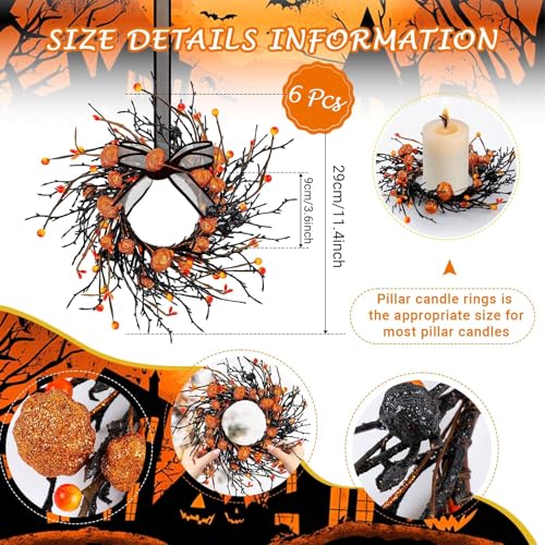 Image of 6 PCS Halloween Candle Rings Wreaths Black Orange Berries & Pumpkin Candle Rings Mini Wreath 3.5 Inch Center for Pillar Candle Halloween Fall Thanksgiving Party Home Table Indoor Decorations