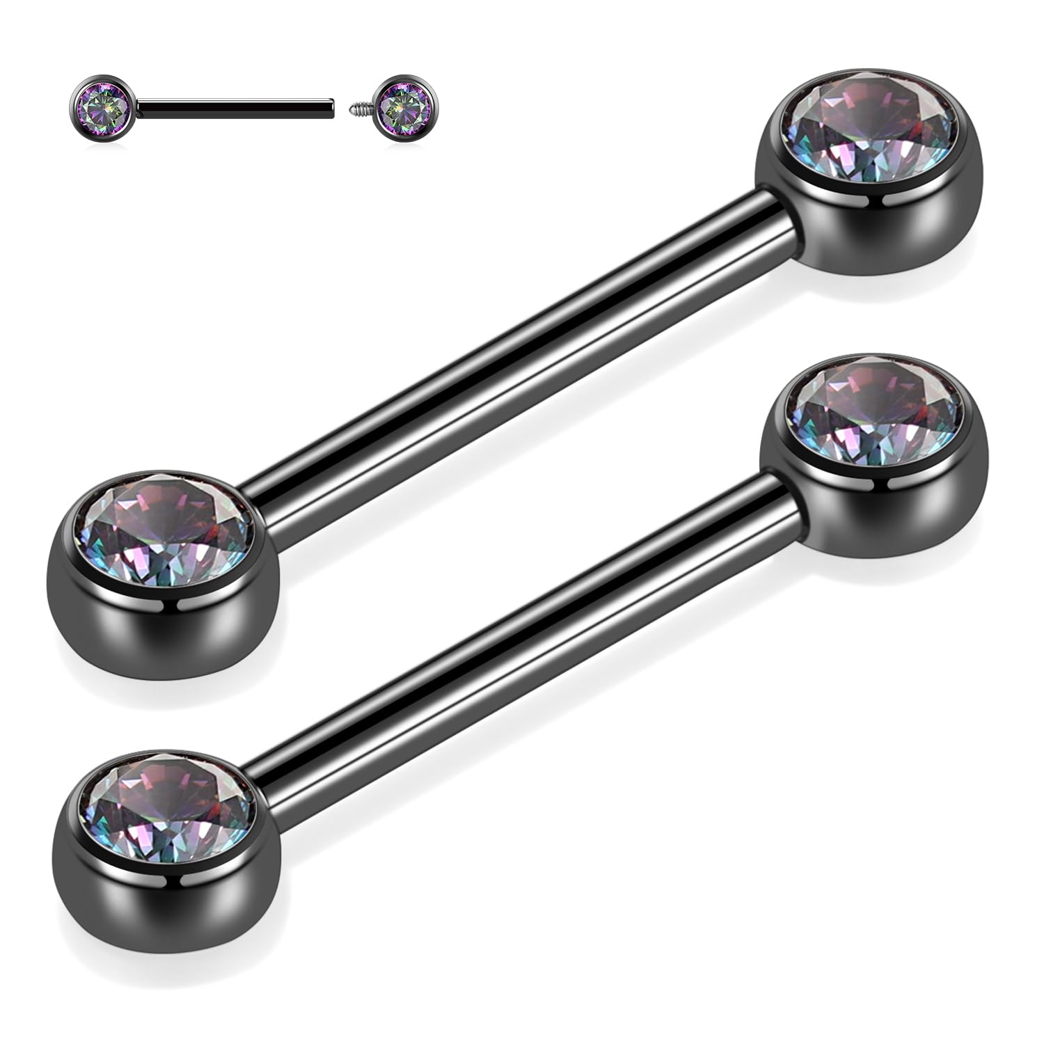 Pair 14G Nipple Rings G23 Titanium Internally Threaded Nipple Barbells 12mm-18mm Bridge Piercing Jewelry Straight Nipple Bar for Women Men Nipple Piercing Jewelry with CZ/Opal