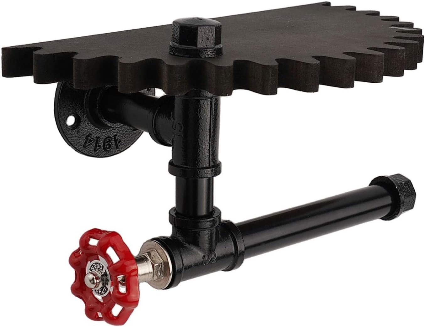 Industrial Pipe Toilet Paper Holder 9.84 inches Wooden Wall Shelf Storage Rack with Roller Gear Design Metal Tissue Roll Dispenser Bathroom Towel Bar Home Decor