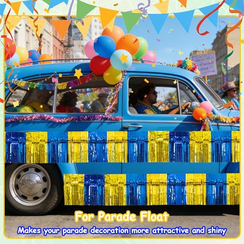 Image of 4 Pack 10 Feet Graduation Parade Floats Foil, Royal Blue Gold Fringe Garland Tinsel Streamers Banner Fringe Curtain Banner for Graduation Homecoming Birthday Party Decorations (Royal Blue, Gold)