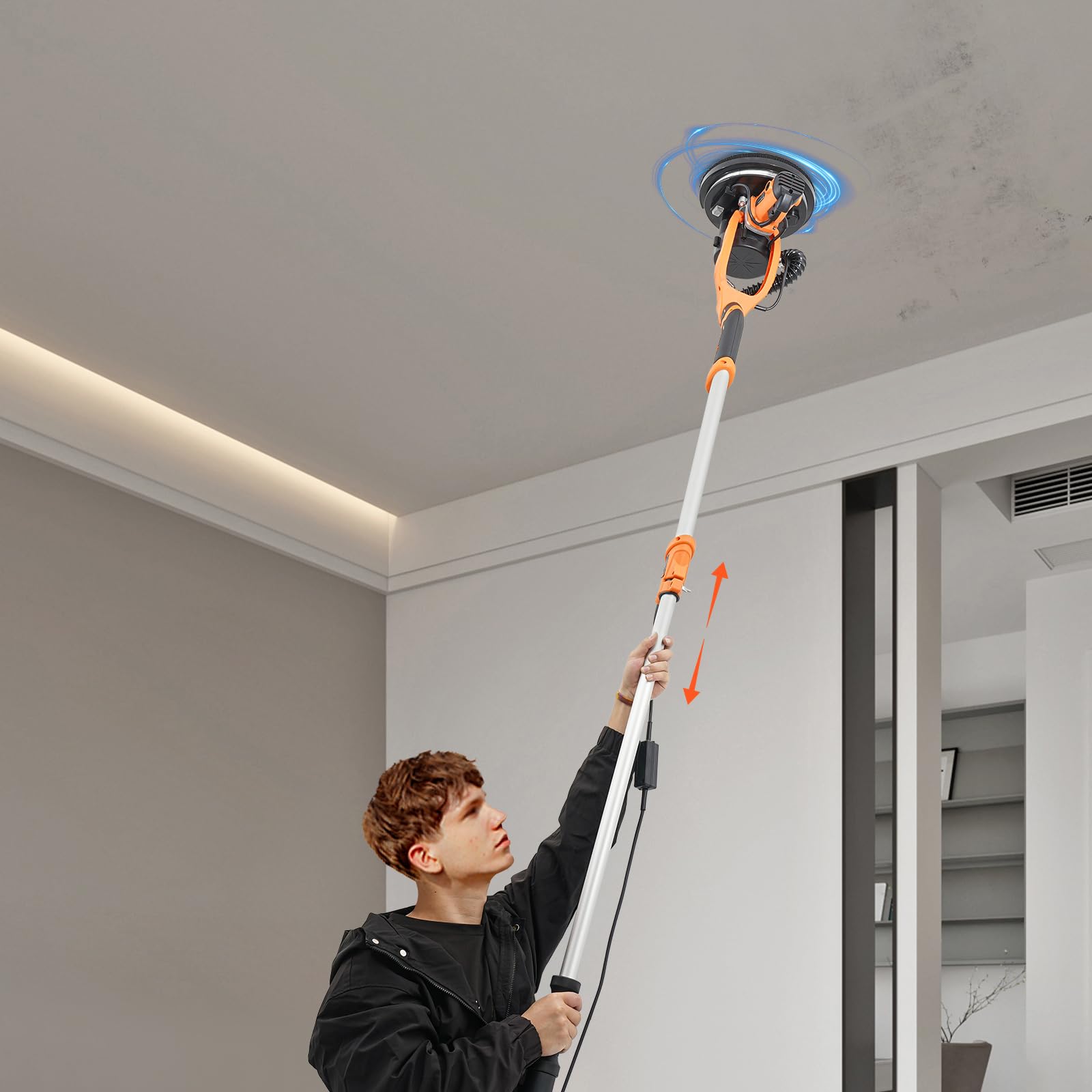 Lijadora de pared en seco, 1250 W, lijadora de cuello largo, 800-1800 rpm, lijadora de pared profesional con extracción de polvo, lijadora de techo con bolsa grande para recoger polvo (naranja)