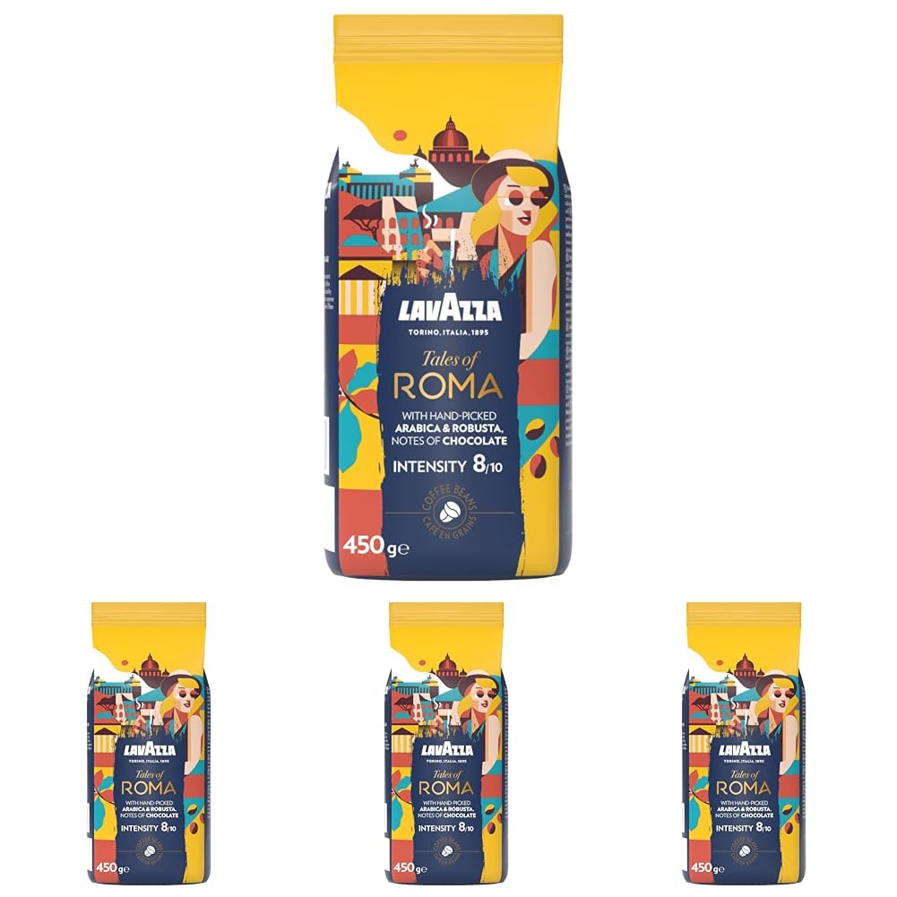Lavazza, Tales of Roma, Kaffeebohnen, Ideal für Espresso-Kaffeemaschinen, mit Aroma Noten von Haselnuss & Dunkler Schokolade, Arabica und Robusta, Intensität 8/10, Mittel Röstgrad, 450 g