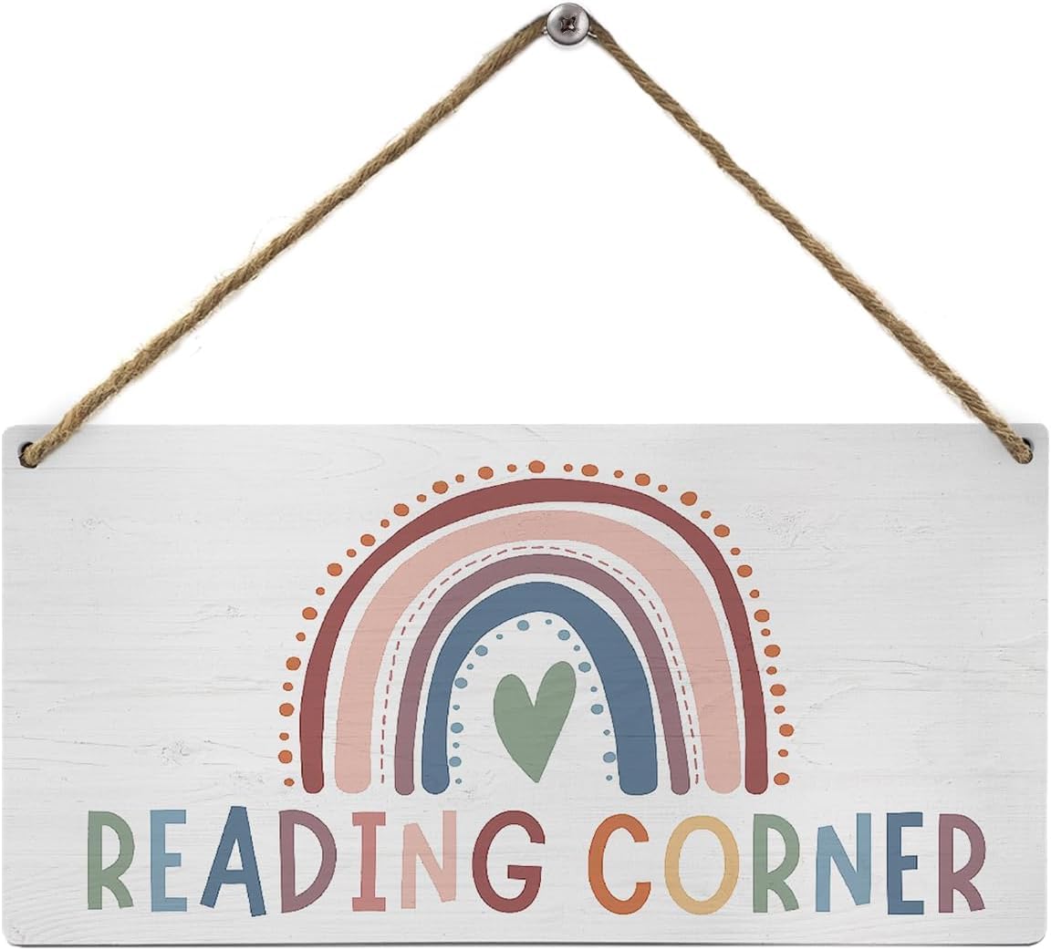 Pibonto Women's Wall Art 5X10 Inch Reading Corner Sign Wood Wall Decor,Boho Rainbow Classroom Spring Decor Wooden Sign Plaque Wall Hanging For Nursery Library Playroom Office Homeschool,Book Lover Gift