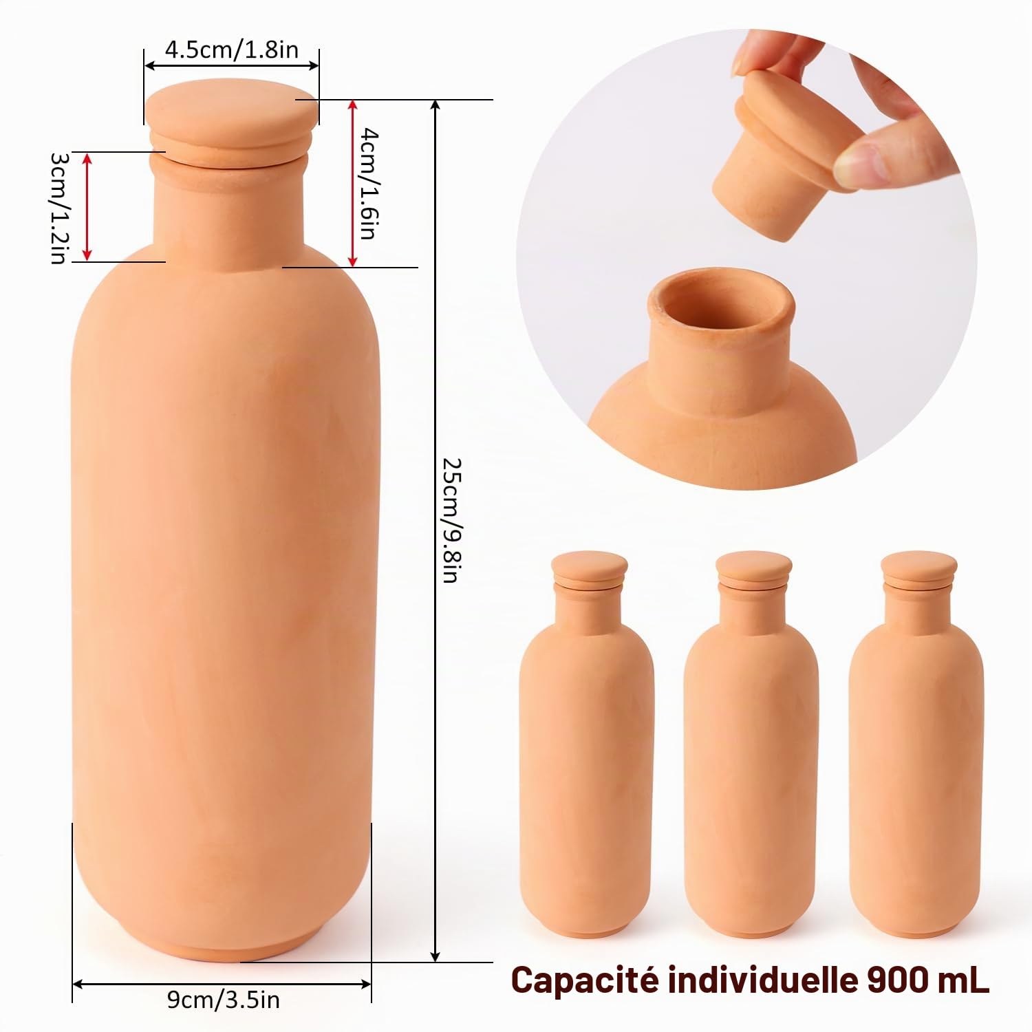 Ollas Lot de 3 Globes d'arrosage Automatique pour Plantes 25,4 x 8,9 x 8,9 cm 864,7 g avec Couvercle en Terre Cuite