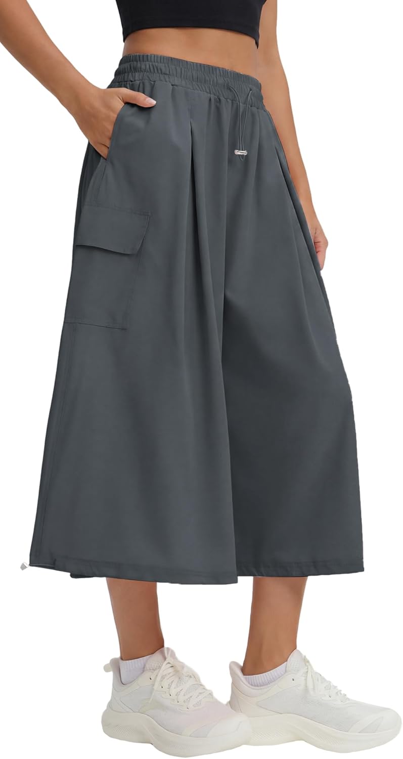 FEOYA Wide Leg Capri Pants for Women Cooling Flowy Culottes Quick Drying Elastic Waist Cropped Pants with Pockets Hiking