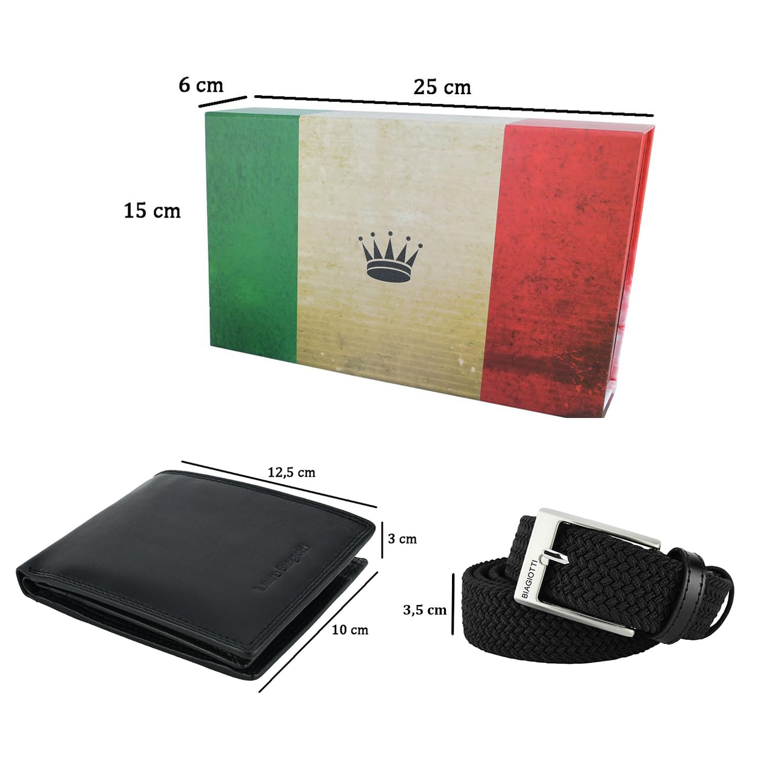 Biagiotti Herren Geschenkset – Leder-Geldbörse und elastischer Gürtel mit Ledereinsätzen, kürzbar
