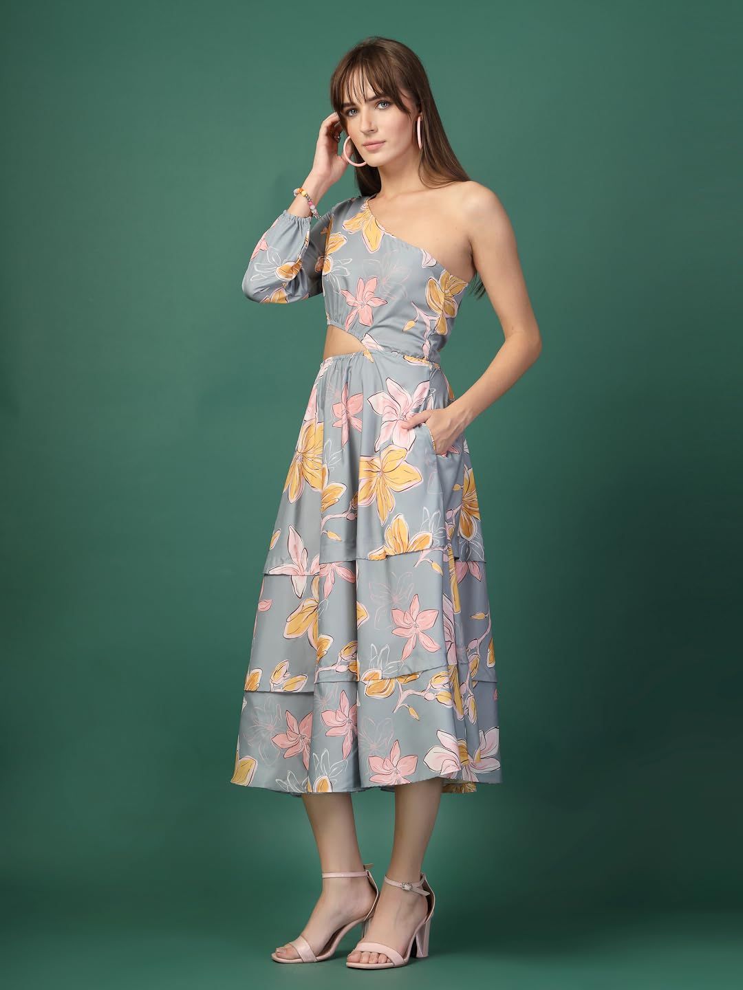 Oomph Women's Western & Fusion Wear Printed Crepe Dress For Women, One Shoulder, Grey - Md1082