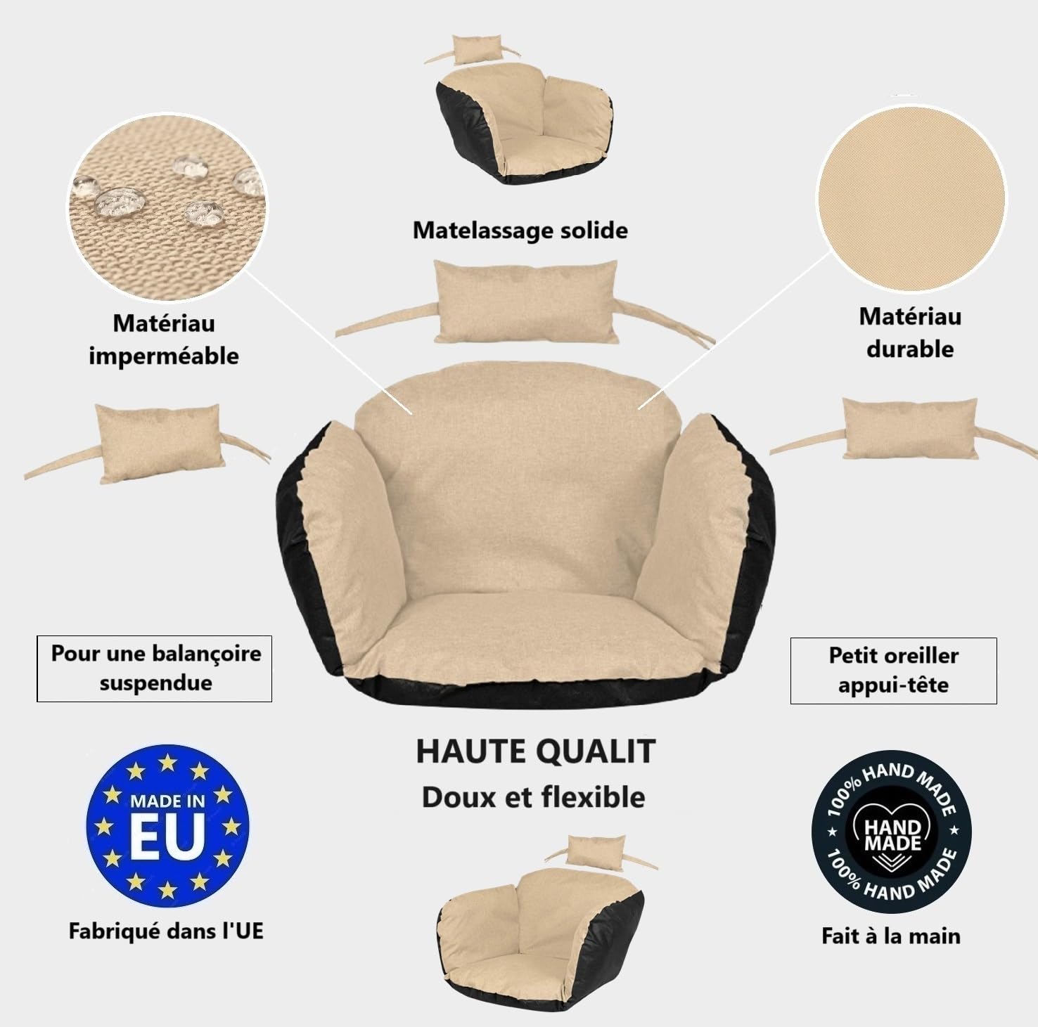 Coussin de siège pour Fauteuil Suspendu, avec Dossier, Appui-tête, Coussin pour balancelle Suspendue, Facile d'entretien, imperméable