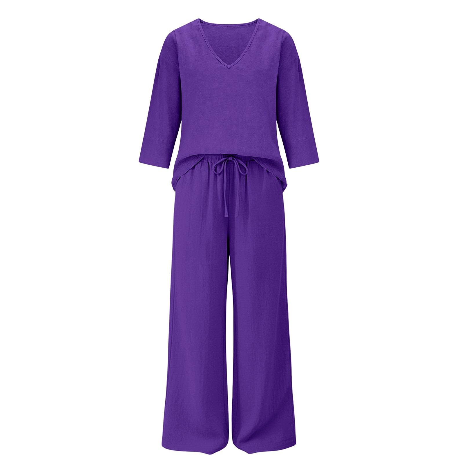 Damen Zweiteiler Damen-Freizeit-Set: Unifarbenes Oberteil Mit V-Ausschnitt, 3/4-Ärmeln, Und Hose Elastischem Bund Sommer Party Outfit Leinen Kleid Festlich Hosenanzug Weiss Anzug Für