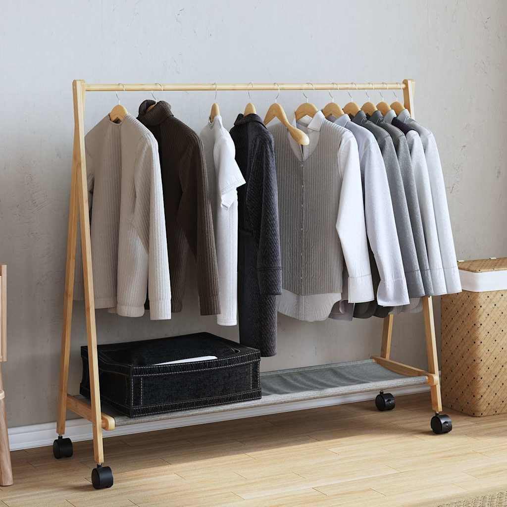Kleiderständer mit Ablagen und Rollen Bambus 106x34x106,5 cm freistehend zusammenklappbar mit Haken platzsparend stabil für Schlafzimmer Flur und Wohnzimmer
