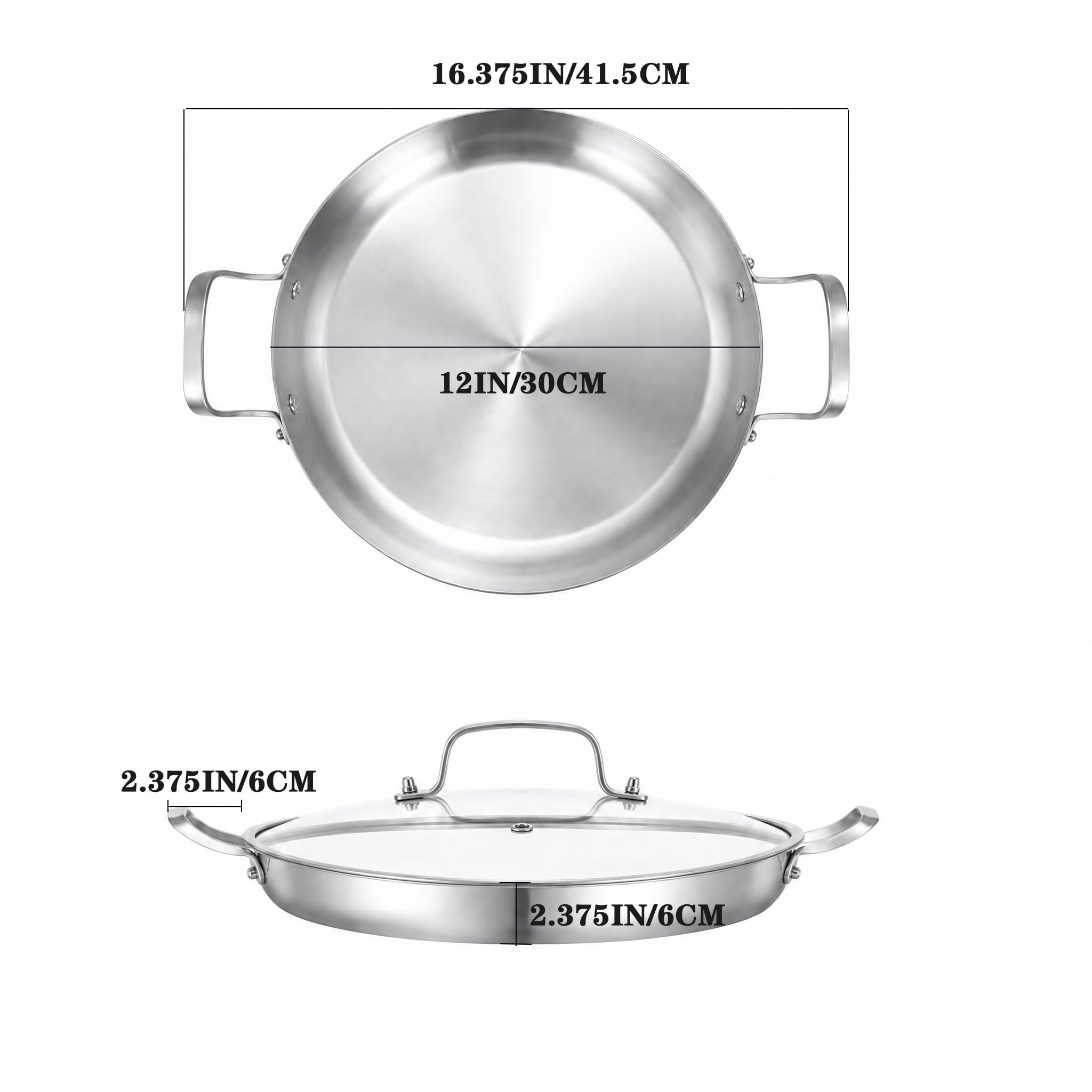 Inqibee Poêle à Paella 30 cm en Acier Inoxydable avec Couvercle, Poignées en Inox, Pour 3 à 5 Personnes, Nettoyage Facile, Compatible Lave-vaisselle, Four et Tous Feux Induction et Gaz