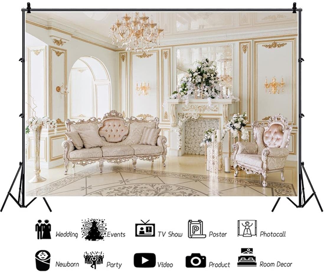 AOFOTO 12x8ft Luxury Indoor Furnishing Backdrop Chandelier Chair Mantel Flower Photography Background Adult Portrait Aristocratic Interior Decoration Photo Shoot Studio Props Video Drop Wallpaper