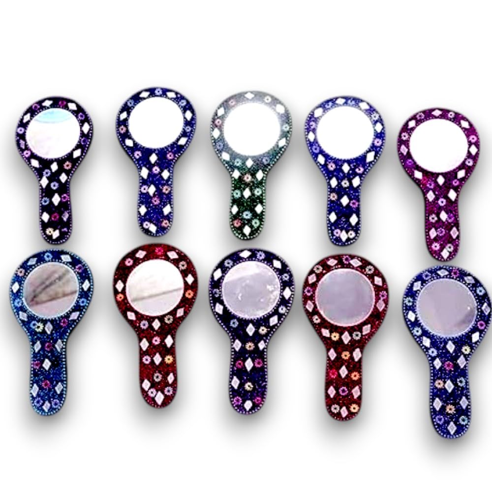 Indianstore4all Decorative Markup Mirror- | Wood Multicolor Decorative Hand Mirror for Ladies, Makeup Mirror- for Women (Pack of 10pc) (Multicolor, Round, Framed)-image-29
