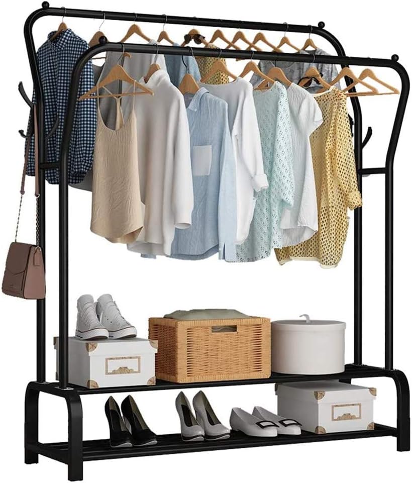 U-HOOME Clothes Rack,U-HOOME Clothes Hanging Garment Rack Freestanding Hanger Double Coat Rack Rods Multi-Functional Bedroom Clothing Rack, Coat Stand Double Layer , 4 Hooks, Black