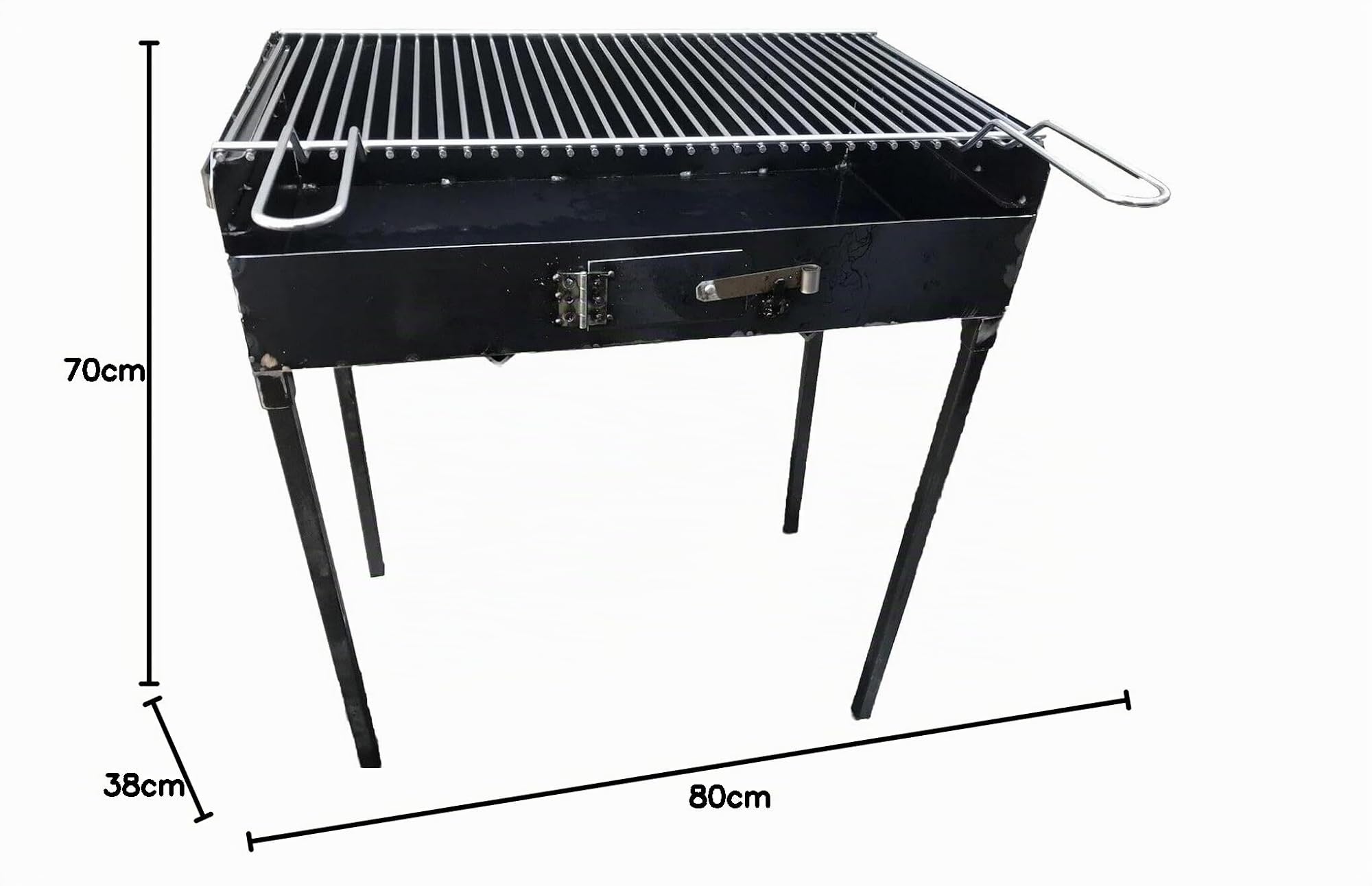 Barbecue in ferro, con griglia in acciaio inox regolabile su 2 altezze, 70x38 cm, con piedi estraibili