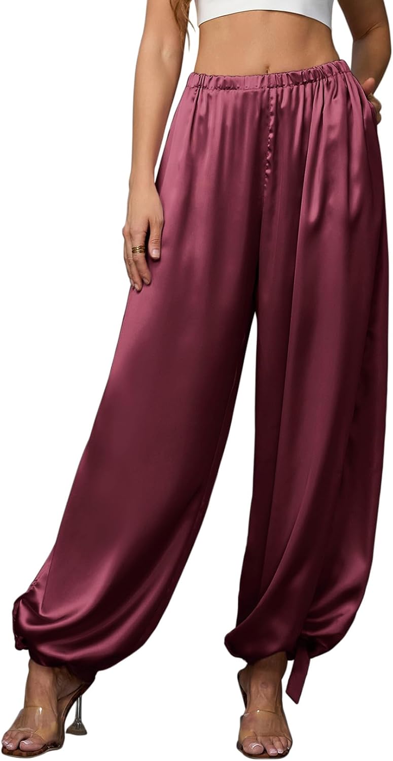 Perfashion Women Satin Pants Balloon Silk Dressy Harem Trousers Flowy Oversized Baggy Joggers Going Out Lounge