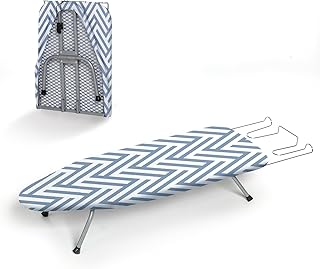 Small Tabletop Ironing Board Foldable, RAINHOL Steel Mesh Portable Iron Board for Dorm and Apartment, with Iron Rest and Heat-Resistant Cotton Cover, 31" x 12", Blue and White Stripes