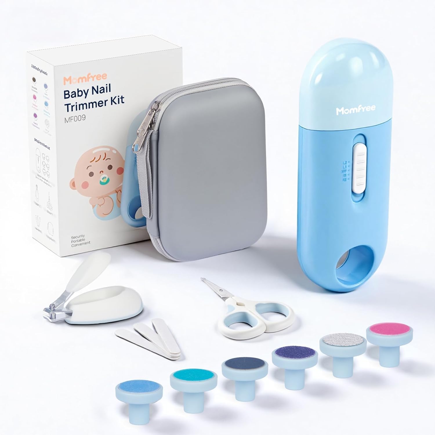 Kit de uñas para bebé, juego de cuidado de uñas 4 en 1 con estuche de almacenamiento, cortaúñas eléctrico suave con luz LED, cortaúñas eléctrico, incluye lima, tijera, cortaúñas, para recién nacidos