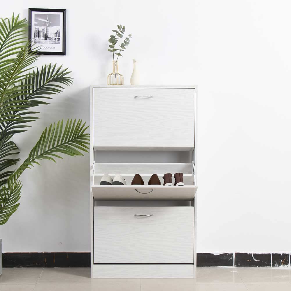 BAKAJI Scarpiera Portascarpe in Legno MDF con 3 Ante Porta Scarpe a Ribalta Maniglie in Metallo Doppia Profondità Dimensioni Compatte Slim 63 x 24 x 115 cm Ingresso Casa (Bianco Frassinato)