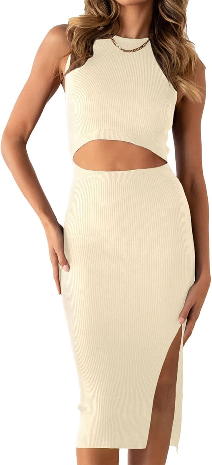 PRETTYGARDEN Women's Summer Midi Bodycon Dresses Casual Crew Neck Side Slit Sleeveless Knit Cut Out Tank Top Dress