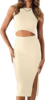 Women's Summer Midi Bodycon Dresses Casual Crew Neck Side Slit Sleeveless Knit Cut Out Tank Top Dress