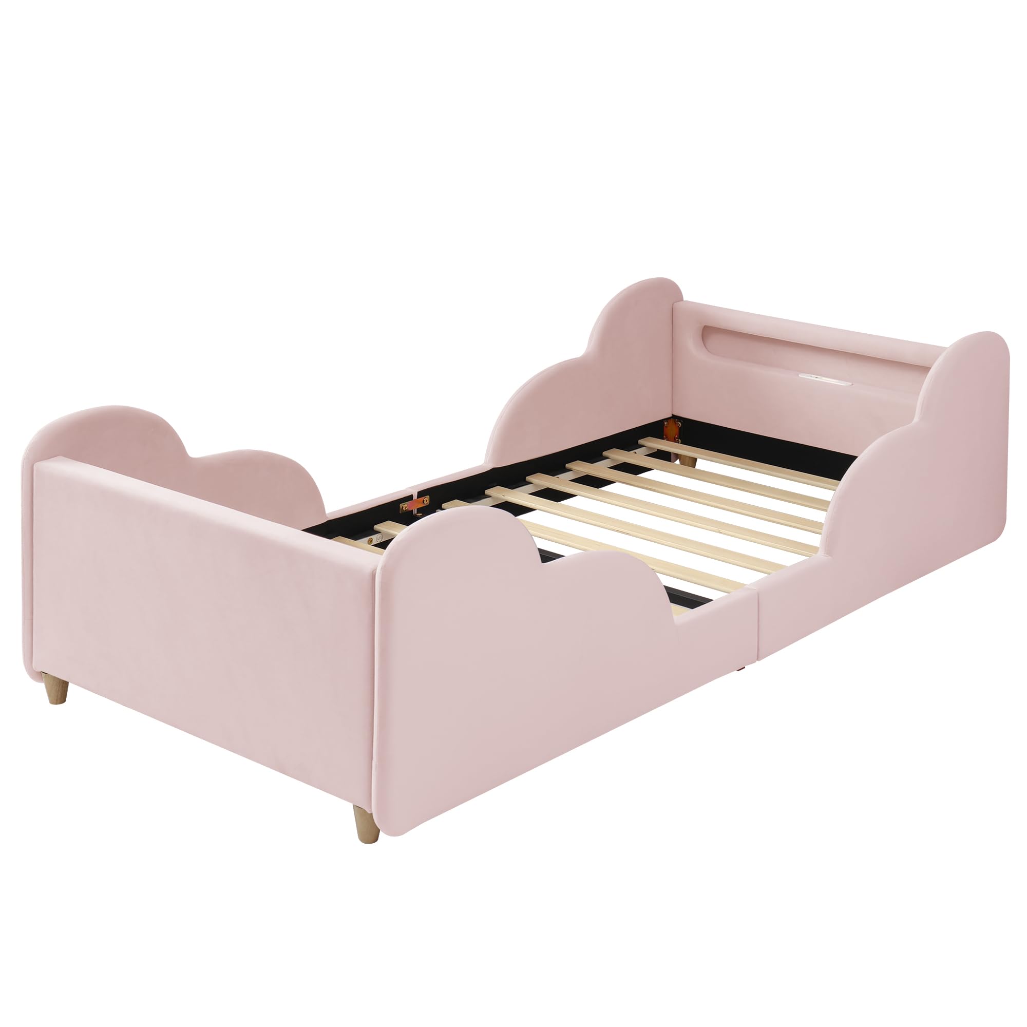 Kinderbett Polsterbett 90x200, Einzelbett mit LED Nachtlicht, USB-Ladeanschluss und Ablagefächern, Jugendbett Funktionsbett Bettgestell mit Rausfallschutz und Lattenrost, Samt, Ohne Matratze, Rosa