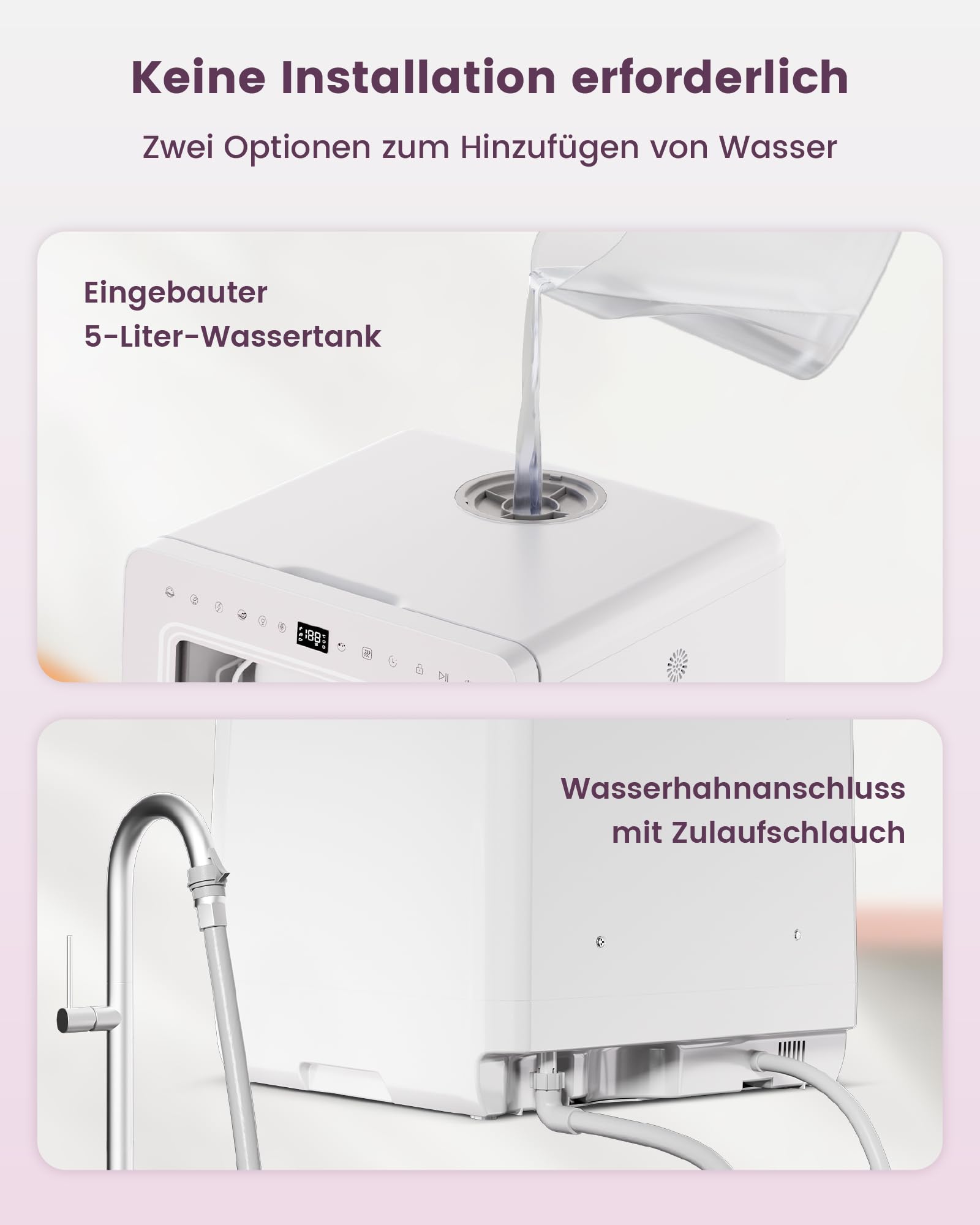 HAVA Tischgeschirrspüler mit Wasserenthärter, 8 Programmen, Kindersicherung, verzögerter Start, keine Installation erforderlich - Zarter Flieder