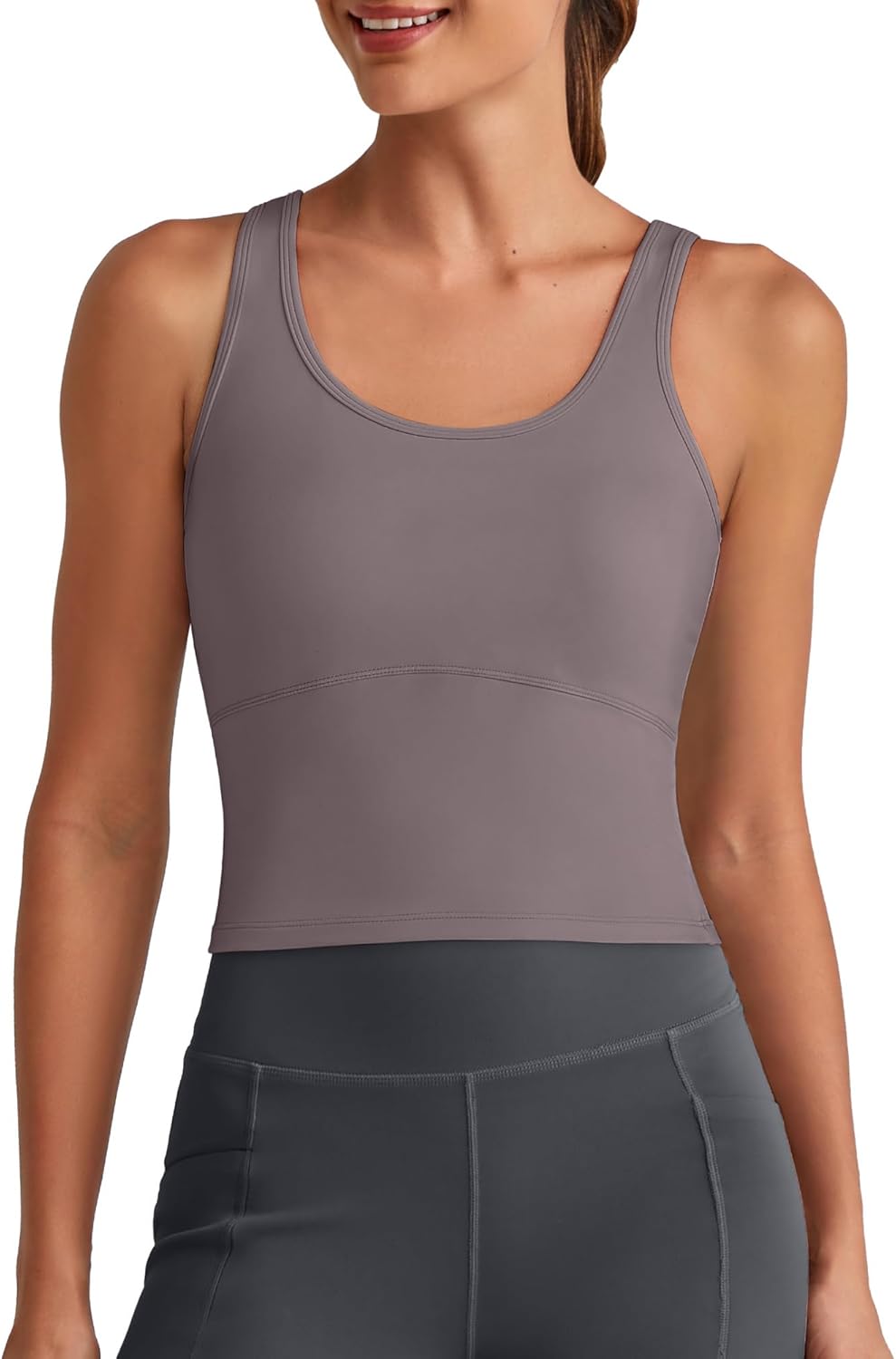 G4Free BareFeel Built in Bra Workout Tank Tops Removable Padded Longline Sports Bras Waist Length Athletic Tanks