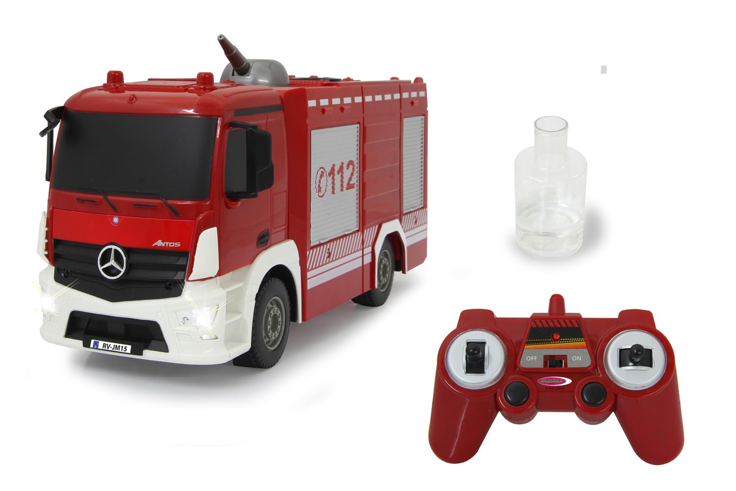 Jamara 404970 Straż pożarna TLF Mercedes-Benz Antos 1:26 2,4GHz-360° ręcznie obracana dysza natryskowa w górę/w dół, prawdziwa funkcja spryskiwania, światło z przodu, zbiornik na wodę 160 ml, czerwony