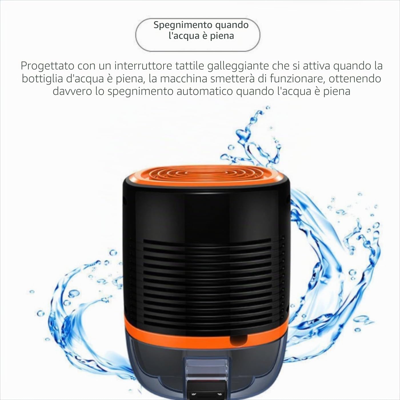 Deumidificatore portatile con tubo di scarico, nero e arancione, spegnimento automatico, sistema di purificazione 3 in 1 per stagione delle piogge, drenaggio continuo