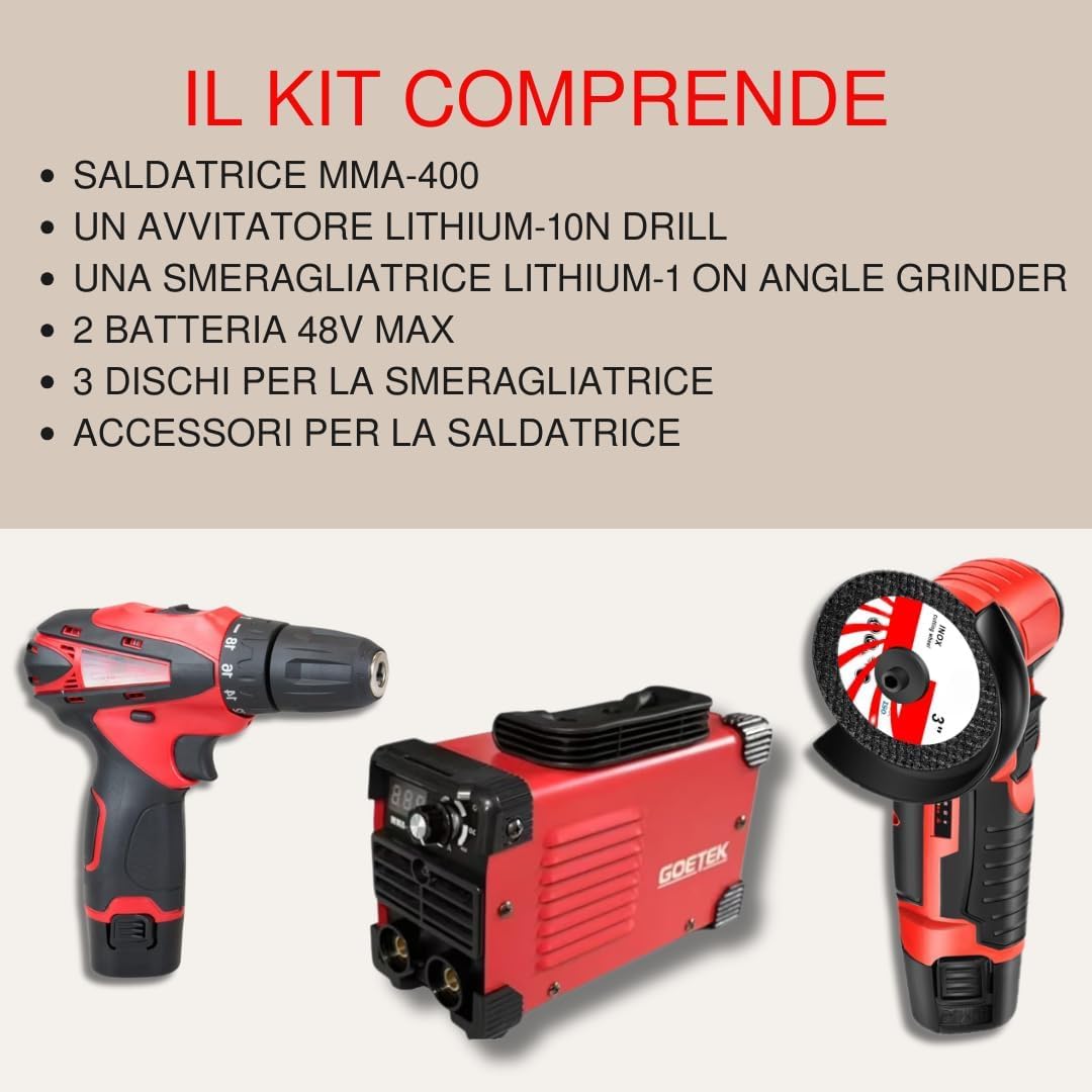 Set 3 in 1 Saldatrice inverter 400A MMA IGBT con Display LED con Cavi e Maschera + Mini Avvitatore + Mini Smerigliatrice con 3 Dischi da 3" Doppia Batteria da 48V e Caricatore