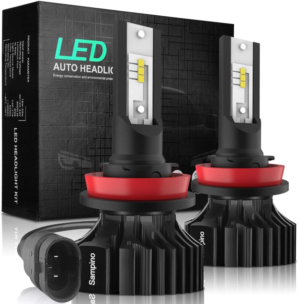 H11/H8/H9 LED Headlight Bulbs – Sampino Headlights All-in-One Conversion Kit 2Packs Low Beam/Fog Light Bulb 8000LM 5500K 12xCSP Chips Cool White