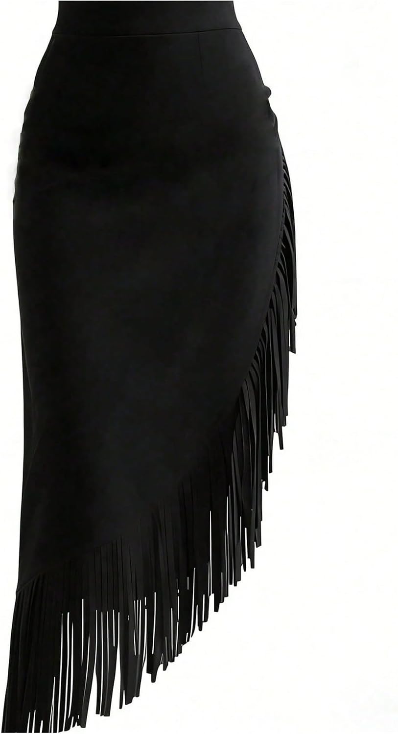 OYOANGLE Women's Faux Suede Fringe Asymmetrical Western Midi Concert Skirt