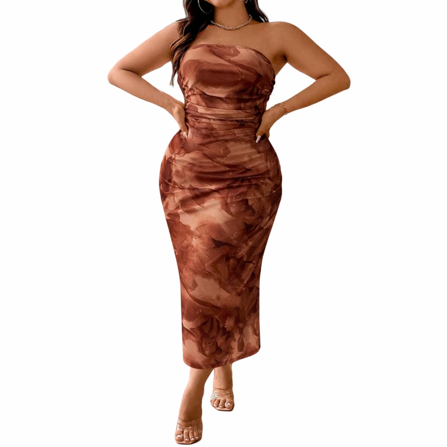 Photo 1 of LIGHT DOT Women's Tie Dye Plus Size Strapless Mesh Tube Dress Curve Bodycon Wedding Guest (Coffee,5XL)