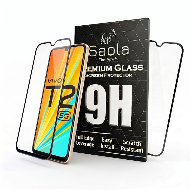Image of Saola HD+ Oleophobic Tempered Glass Screen Protector For Vivo T2 5G (Pack Of 2) with Free Installation Kit. Full screen Coverage - 6.38 inch