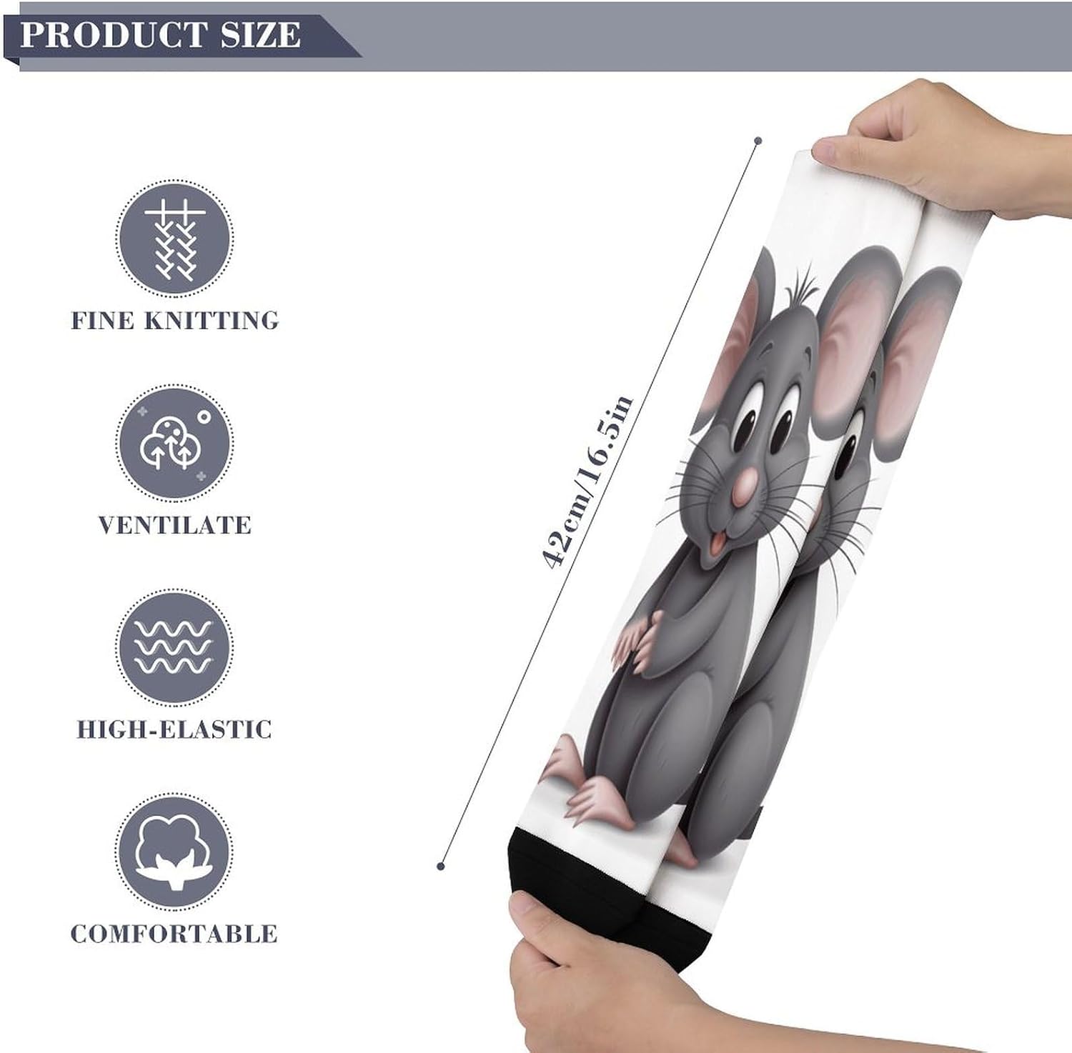 Grey Rat Compression Sock Circulation Support Socks Lightweight Knee High Tube Sock Over-The-Calf Sock for Adult