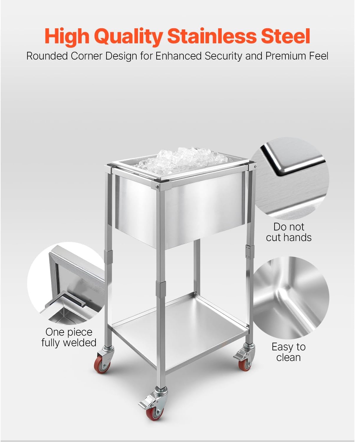 Happybuy Rolling Ice Chest Cooler Cart, 22" L x 16" W x 38" H Stainless Steel Cooler Bin on Wheels, 32.8 Quart Outdoor Stand-Up Trolley with Shelf, Ideal for Patio, Backyard, and Party Use