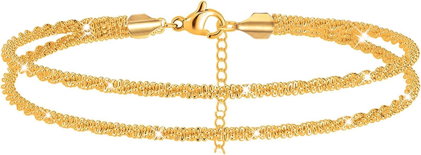 YHCGWomen's Ankle Bracelets, Sparkling Multi-layer Anklet Bracelets for Women, Adjustable Shiny Gold Anklets for Women, Beach Cute Anklets Jewelry for Summer