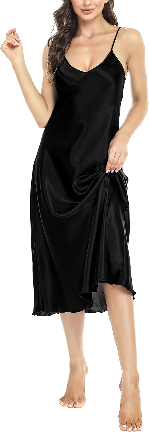 Lovasy Women Satin Nightgown Sexy Lingerie Long Slip Dress V Neck Sleepwear Nightdress S-XXL - Image 5