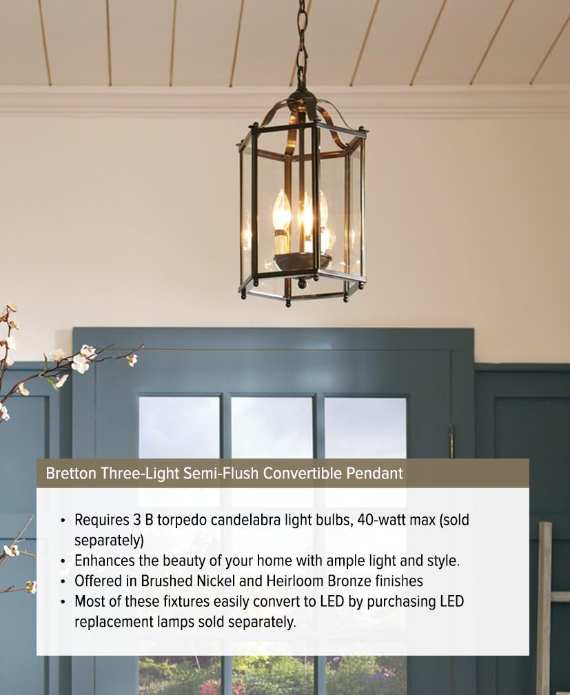 80% Off Discount Sea Gull Lighting 5231-962 Bretton Semi-Flush Convertible Pendant Ceiling Fixture, Three - Light, Brushed Nickel