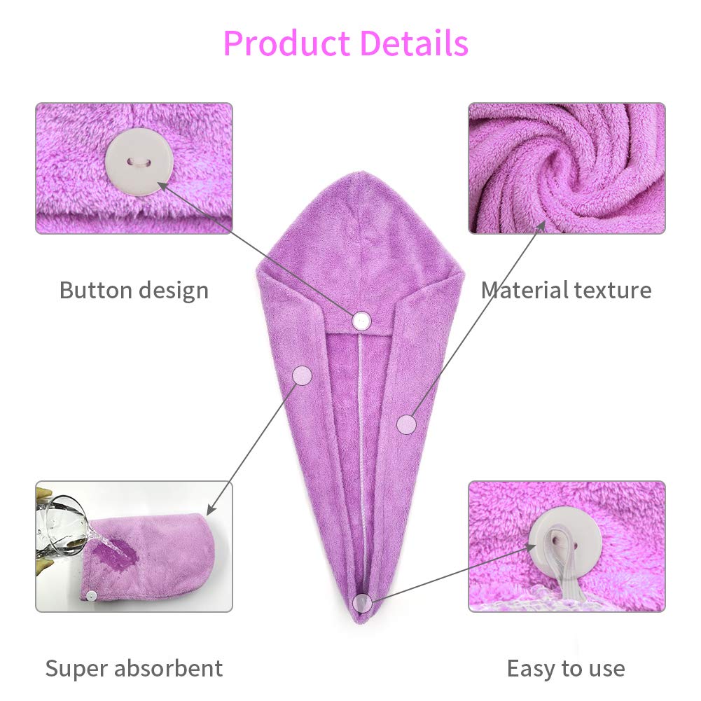 RIGHTWELL Asciugamano Per Capelli 3 Pezzi Asciugamano In Tessuto Di Microfibra Soft Super Assorbente Design Dei Bottoni