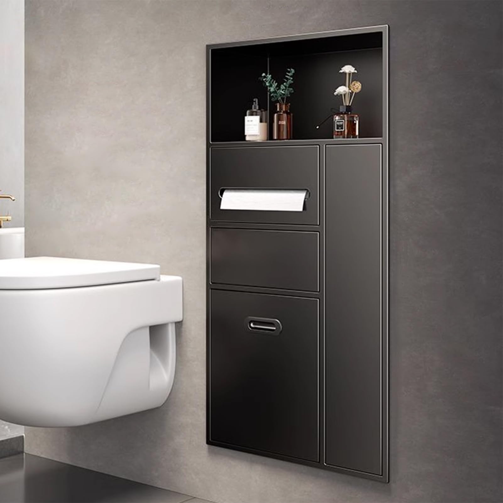 TIANQIHAO Stainless Steel Wall-Mounted Shower With Paper Towel Dispenser & Trash Can, Bathroom Sto Nizer & Toilet Brush Holder - Grey,Negro